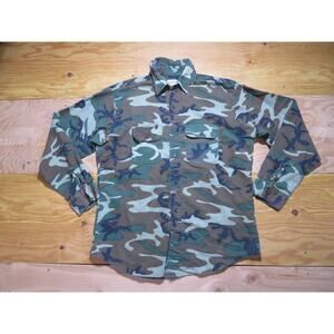 90s Five Brother Woodland Camo Button Down Flannel Shirt Sz 16.5 L Green